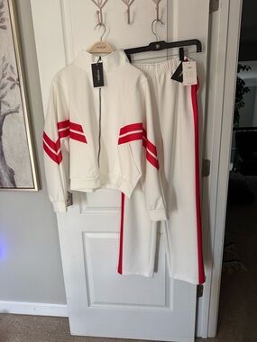 Women White Bomber Jacket and Pant with Red Stripe Accents XL